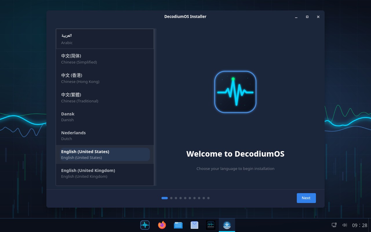 The Welcome to DecodiumOS installer screen, with language selection and the DecodiumOS logo